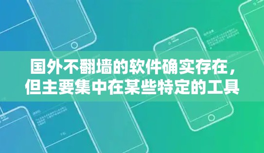 国外不翻墙的软件确实存在，但主要集中在某些特定的工具和应用中。这些软件虽然不直接通过翻墙机制访问外部网络，但可能会在某些方面限制用户体验，如缓存问题、广告问题等。以下是一些国外不翻墙的软件和工具
